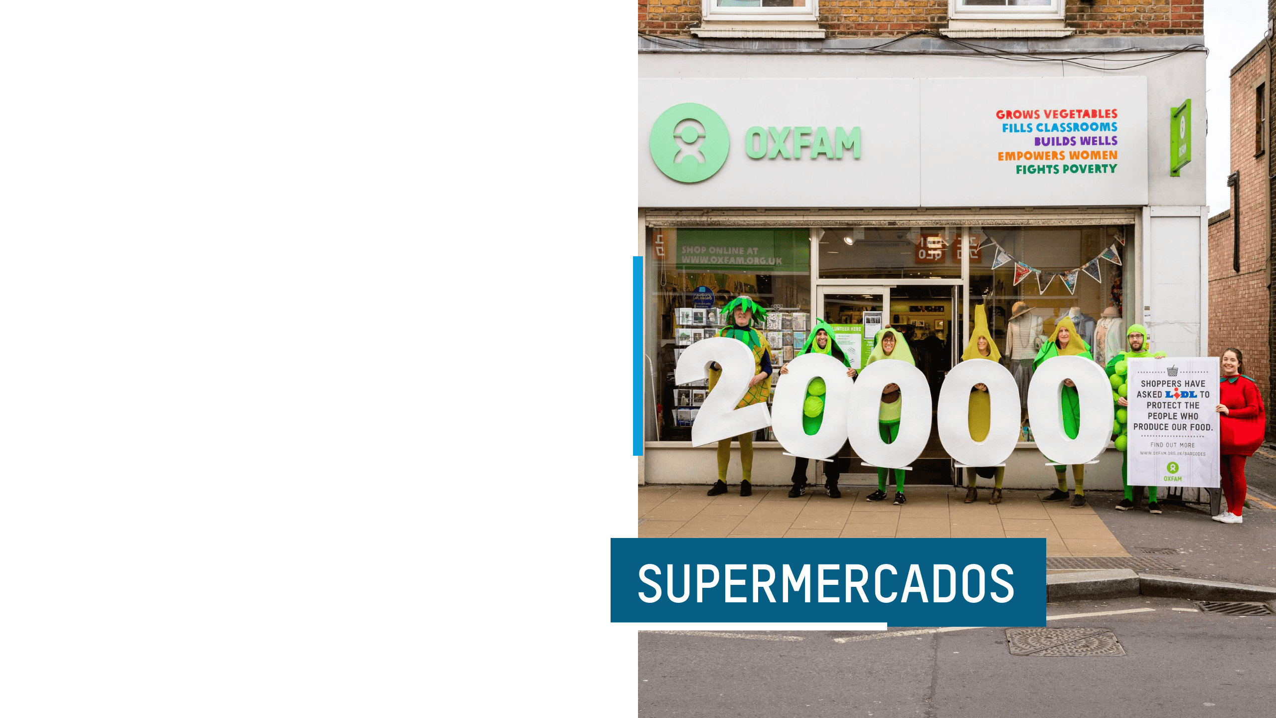 El personal y las y los voluntarios de Oxfam se disfrazaron de frutas gigantes durante la campaña Behind the Barcode.